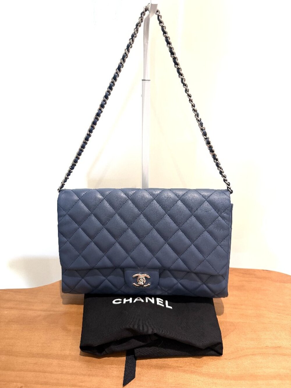 Chanel Lambskin Quilted Timeless Classic Chain Clutch Shoulder Bag Stone Blue